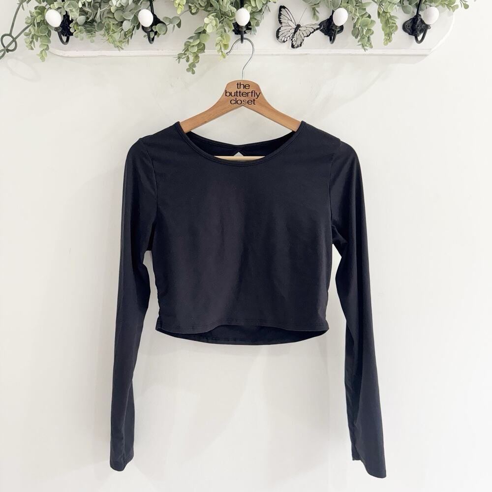 P’tula Open Back Cropped Long Sleeve Black Top Large T.S